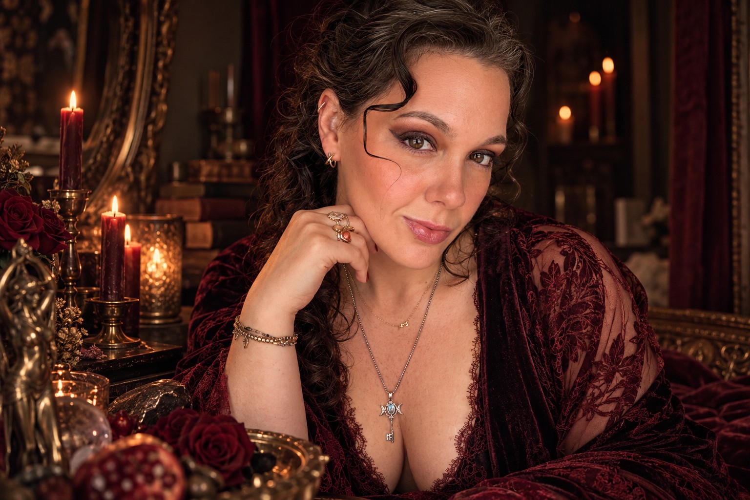Casey in a candlelit Sovereign Goddess setting