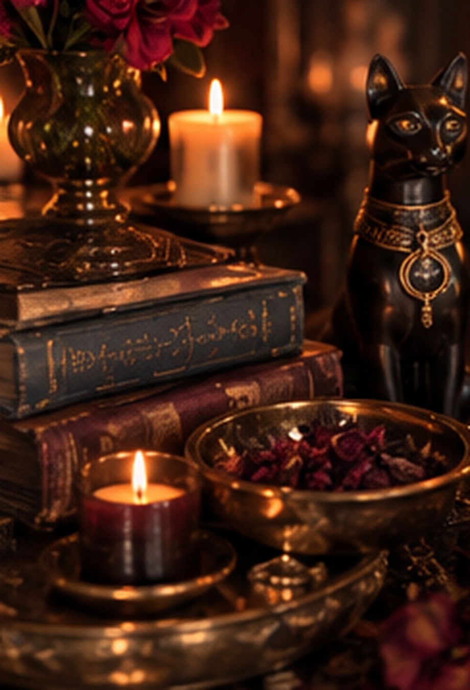 Candlelit still life with red roses, antique books, and ritual details